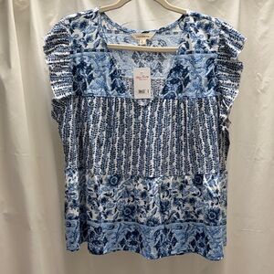 Lucky Brand Blue and White Floral Patchwork Blouse